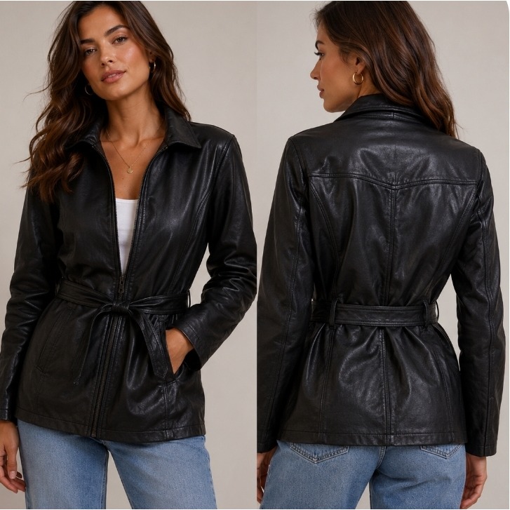 Pelle Studio Wilsons Black Leather Jacket Belted Large Vintage Zipper Coat 90s
